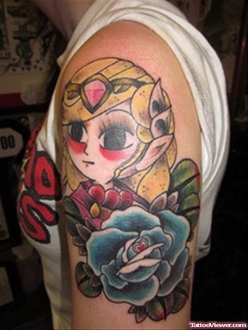 Rose Flowers And Big Eyes Girl Tattoo On Left Half Sleeve