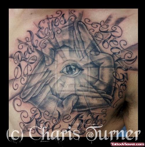 Grey Ink Hands And Eye Tattoo On Man Chest