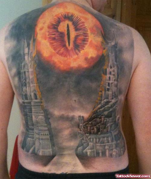 Large Fire Eyeball Tattoo On Back