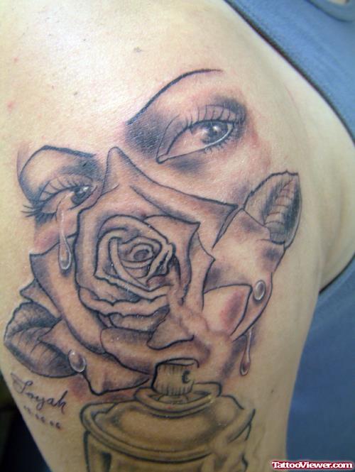 Grey Rose Flower And Girl Crying Eyes Tattoo