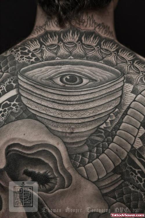 Grey Ink Eye Tattoo On Back
