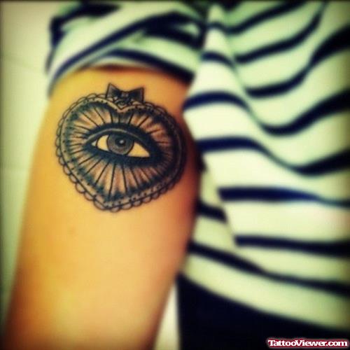 Grey Ink Eye In Heart Tattoo On Sleeve