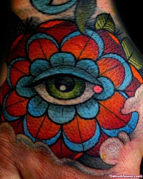 Awesome Green Eye Tattoo On Right Hand