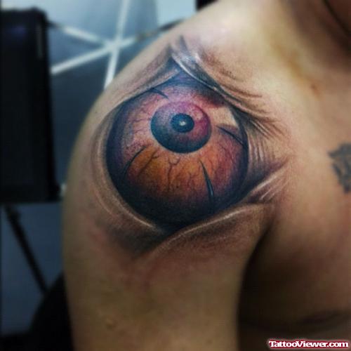 Colored Eye Tattoo On Right Shoulder