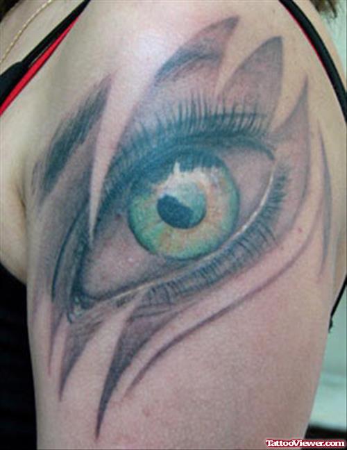 Beautiful Colored Eye Tattoo On Left Shoulder