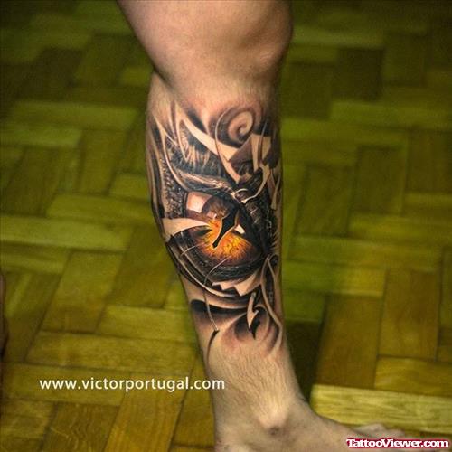 Awesome Colored Eye Tattoo On Left Leg
