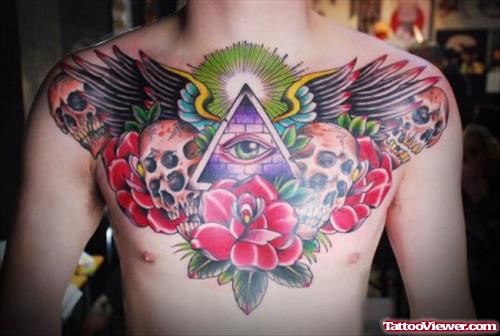Winged Eye Of God And Flowers Tattoo On Chest