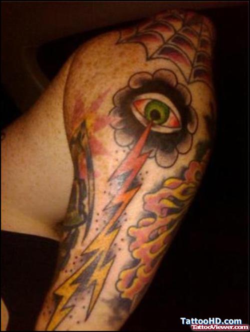 Spider Web And Eye Tattoo On Shoulder