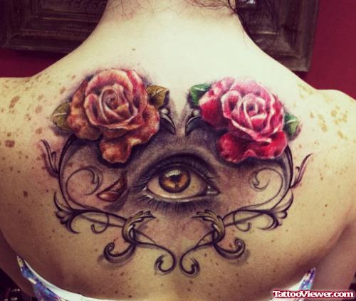 Red Rose And Eye Tattoo On Upperback