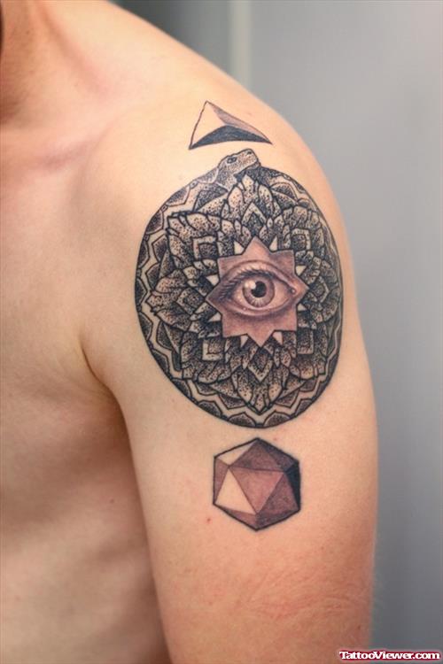 Grey Ink Mandala Flower Eye Tattoo On Left Shoulder