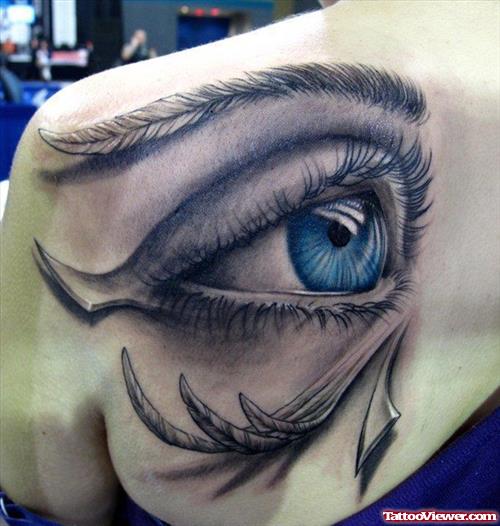 Realistic colored Blue Eye Tattoo on Left Back Shoulder