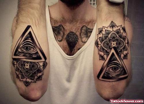 Mandala Flowers And Triangle Eye Tattoos On Both Arms