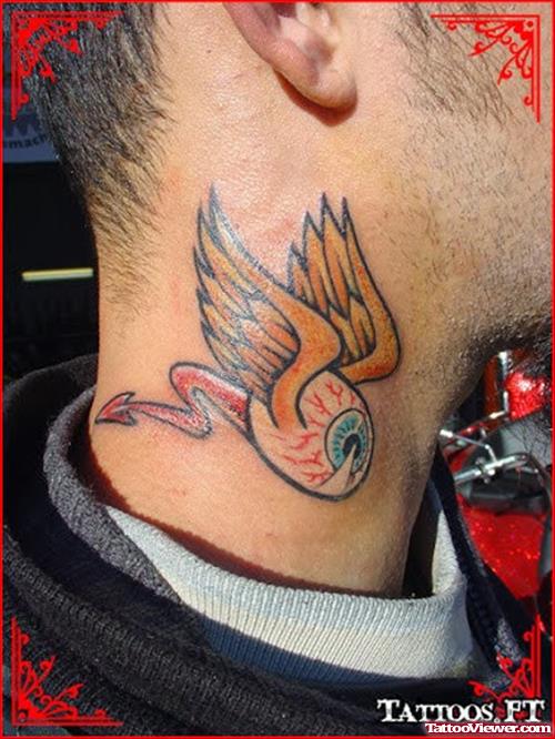 Winged Eye Tattoo On Guy Neck