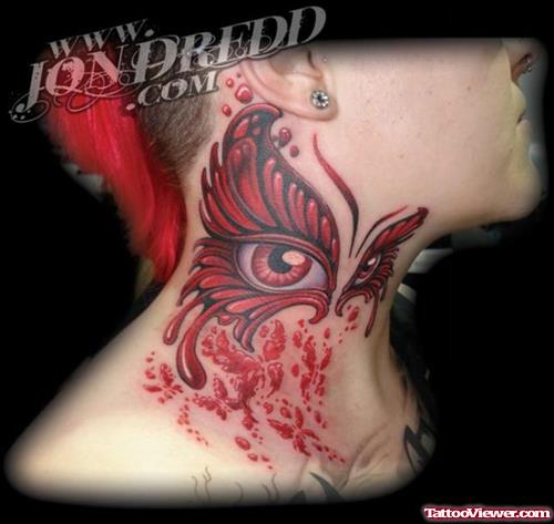 Red Butterflies Wings And Eye Tattoos on Neck