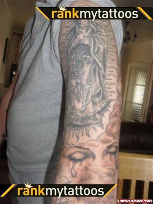 Praying Virgin Mary Tattoo On Left Half Sleeve