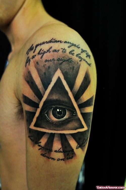 Glowing Eye Of God Tattoo On Left Half Sleeve
