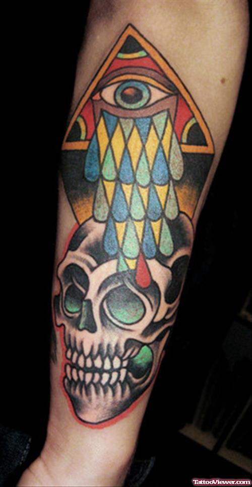 Skull And Eye Of God Tattoo On Sleeve