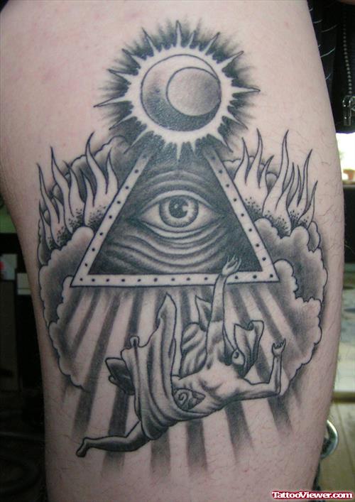 Grey Ink Sun And Eye Tattoo