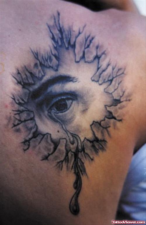 Grey Ink Eye Tattoo On Right Back Shoulder