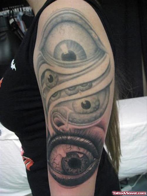 Beautiful Grey Ink Eye Tattoos On Left Sleeve