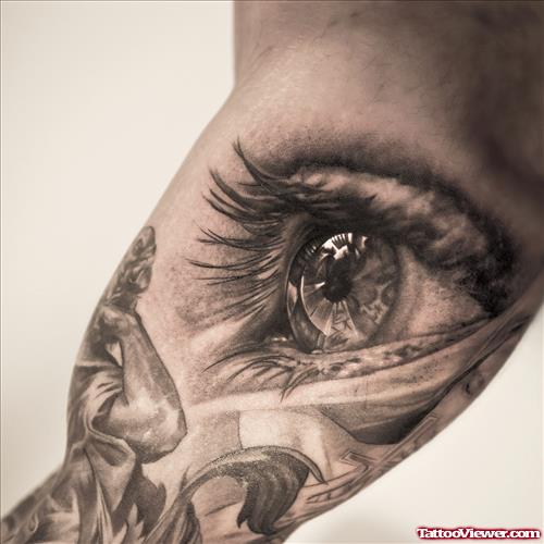 Realistic Grey Ink Eye Tattoo On Biceps