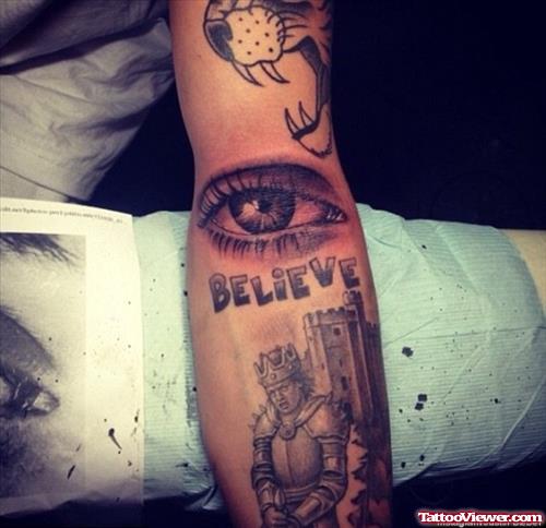 Justin Bieber with His New Eye Tattoo On Sleeve