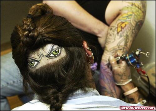 Illusion Eyes Tattoos On Girl Back Head