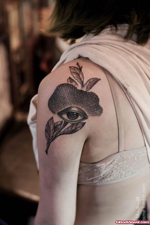 Grey Ink Leaf And Eye Tattoo On Left Back Shoulder