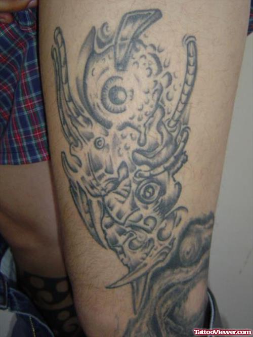 Grey Ink Eyeball Tattoo On Left Leg