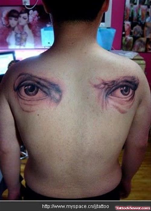 Eyes Tattoos On Man Back Shoulder