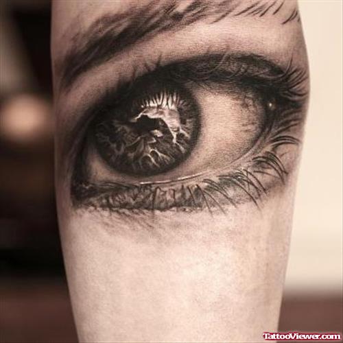 Dark Grey Ink Eye Tattoo On Sleeve