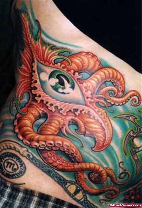 Colored Octopus Eye Tattoo On Side
