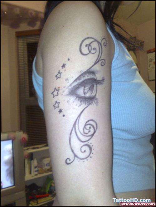 Girl Eye Tattoo On Right Half Sleeve