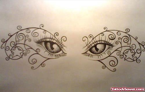 Grey Ink Eyes And Stars Tattoos Design