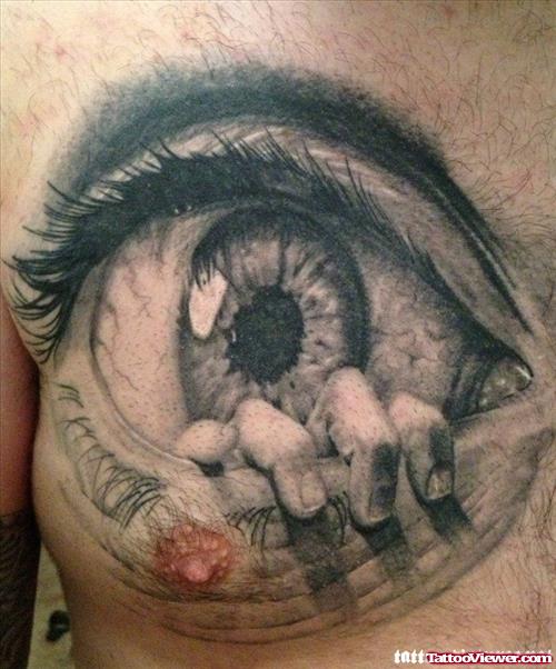 Grey Ink Eye Tattoo On Man Chest