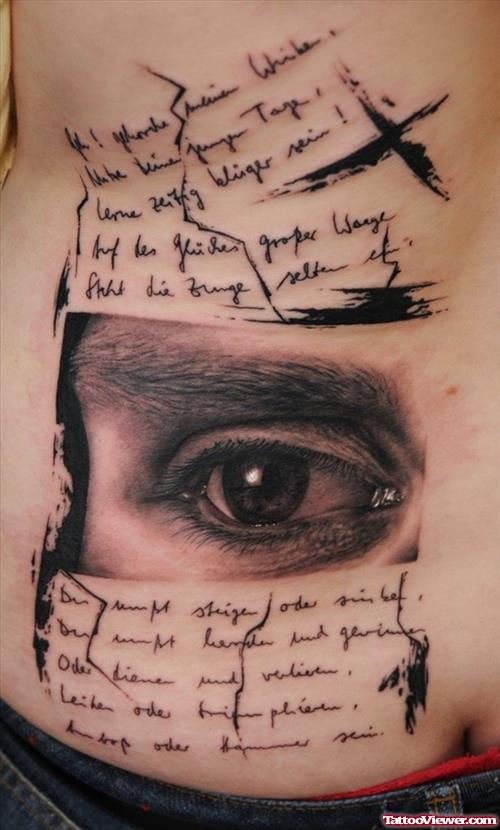 Grey Ink Eye And Script Tattoo On Side