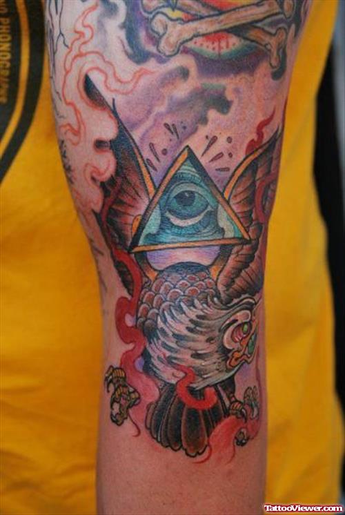 Colored Eagle And Eye Of Sea Tattoo On Sleeve
