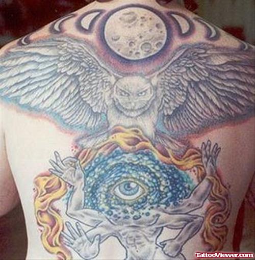 Flying Owl And Eye Tattoo On Back