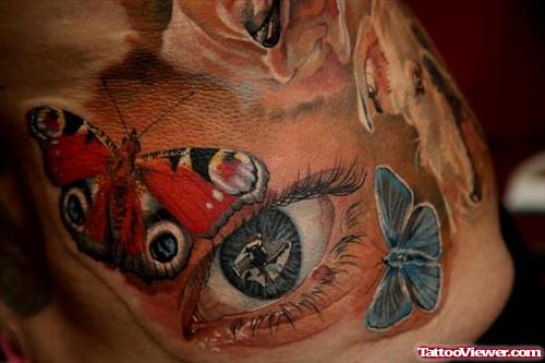 Colored Butterflies And Eye Tattoo On Neck