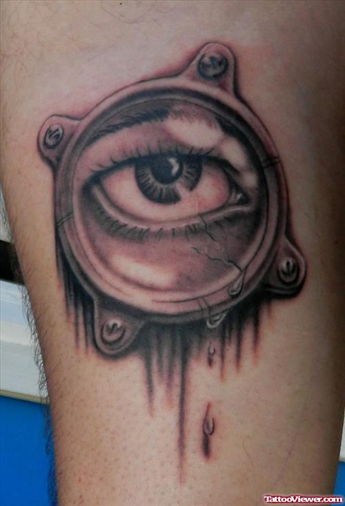 3D Grey Ink Eye Tattoo On Bicep
