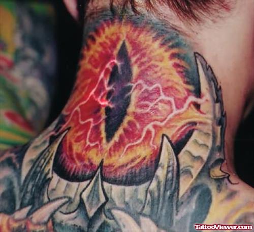 Colourful Big Eye Tattoo On Back Neck