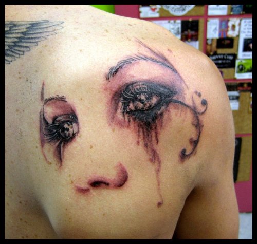 Girl Eyes Tattoos On Right Back Shoulder