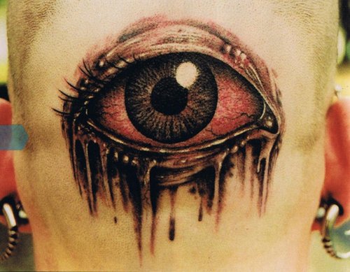 Awesome Colored 3D Eye Tattoo On Back Head