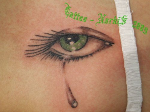 Crying Eye Grey Ink Tattoo On Back