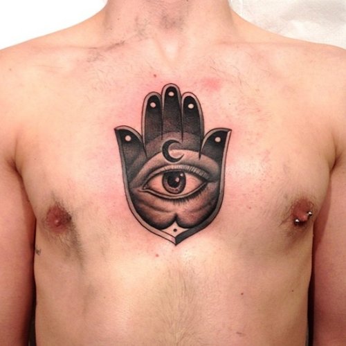 Grey Ink Eye Hand Tattoo On Man Chest