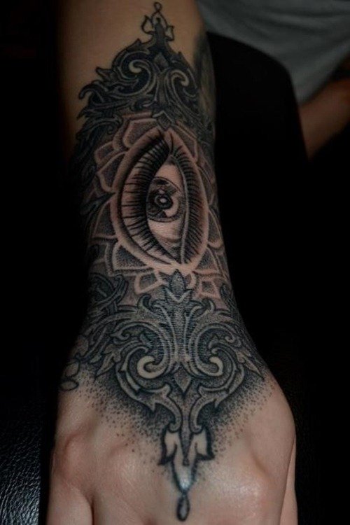Grey Ink Eye Tattoo On Right Sleeve