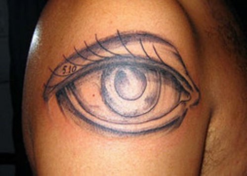 Awesome Large Grey Ink Eye Tattoo On Shoulder