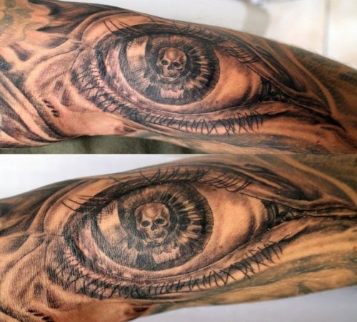 Grey Ink Eye Skulls Tattoos On Sleeve