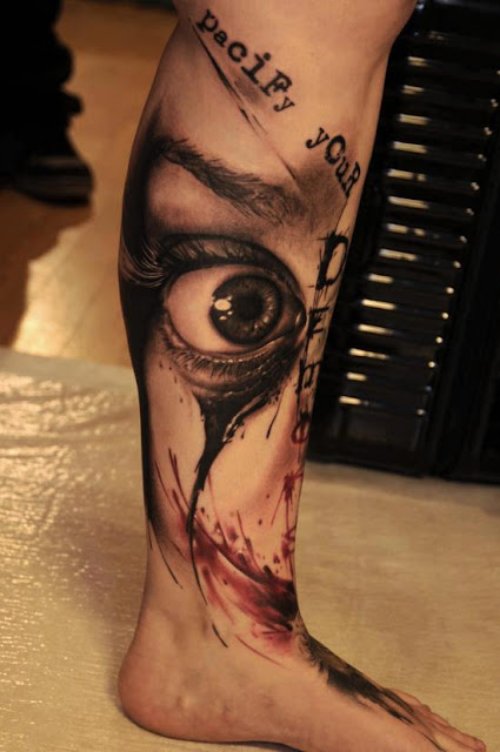 3D Eye Tattoo On Left Leg