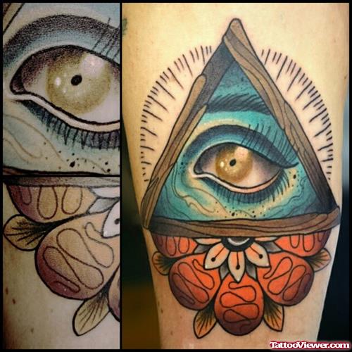 magic triangle with eye and flowers tattoo